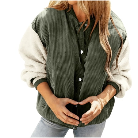 Kilaqueen Corduroy Fall Jackets for Women 2025 Crew Neck Long-Sleeve Color-Block Button Down Coat Casual Trendy Warm Outwear