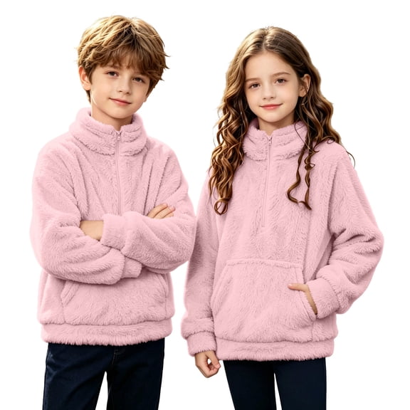 Falkdiz Boys Long Sleeve Sweatshirts Warm Fleece Fuzzy Winter Pullover Pockets 1/4 Zipper Casual Party Mock Neck Outdoor Tops for Boys Plain , Pink , Size: 3-4 Years