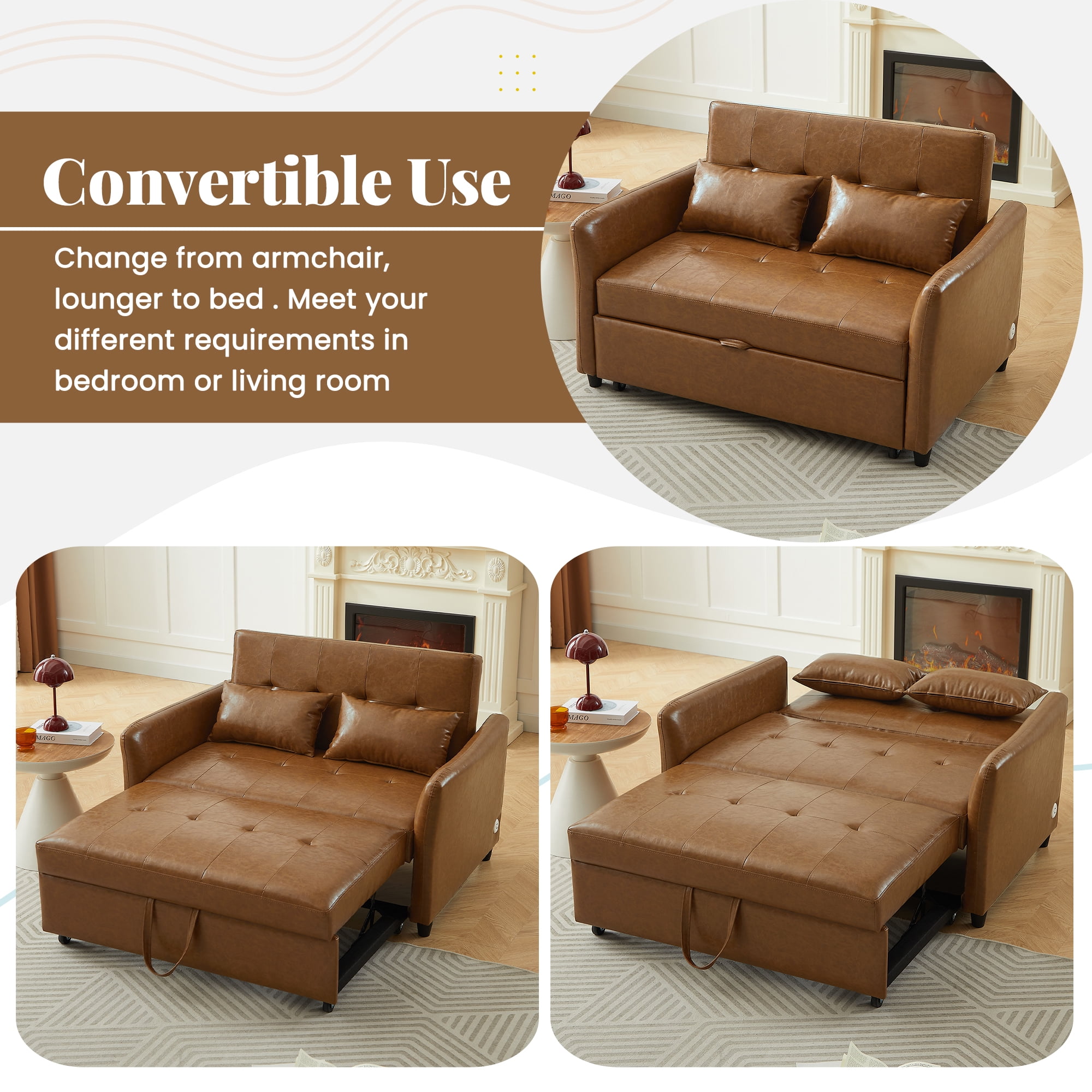 Euroco 51.57" Convertible Sleeper Bed, Adjustable Oversized Armchair with Three USB Ports for Small Space, Brown