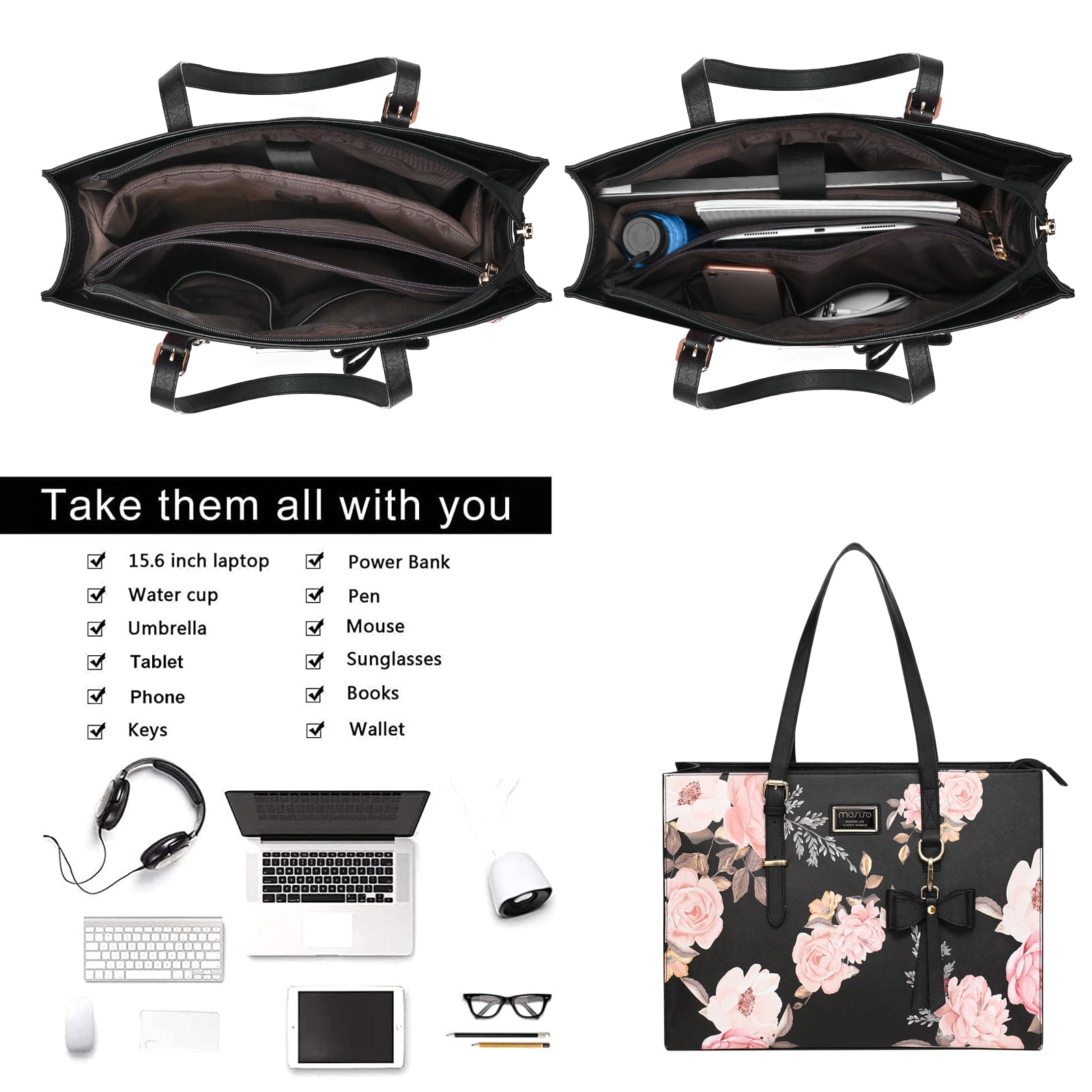 Mosiso PU Leather Women's Fashion Handbag Travel Work Briefcase Laptop Tote Bag with Detachable Bowknot & Small Purse for MacBook Pro 16 inch 2022 2021 M1 A2485/2019-2020 A2141&15-15.6 inch Notebook