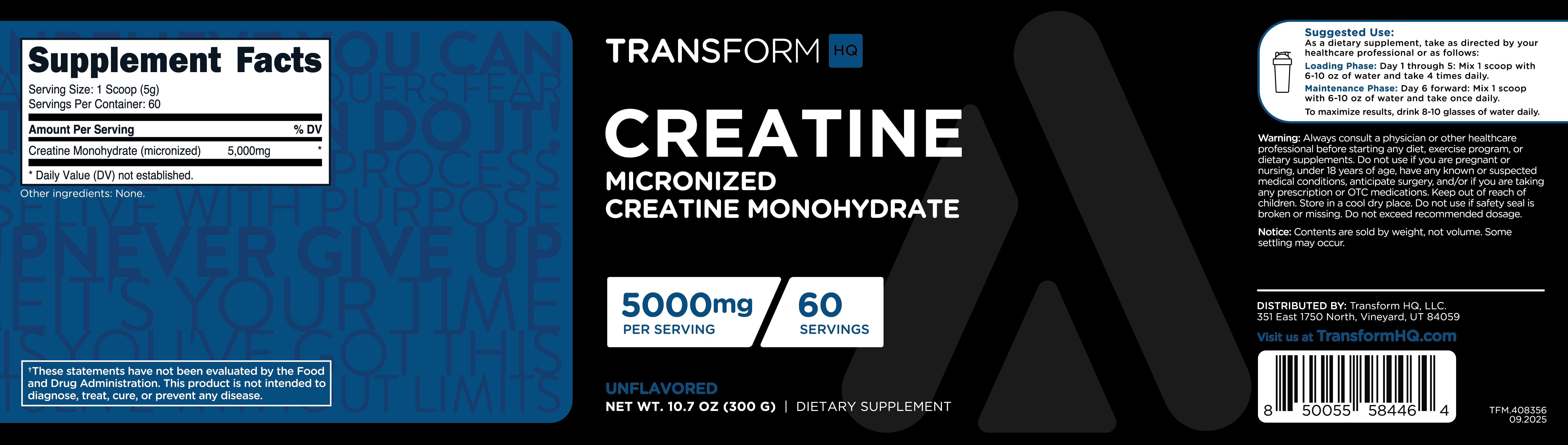 TransformHQ Creatine Monohydrate Powder (60 Servings) Unflavored - 5000mg Per Serving