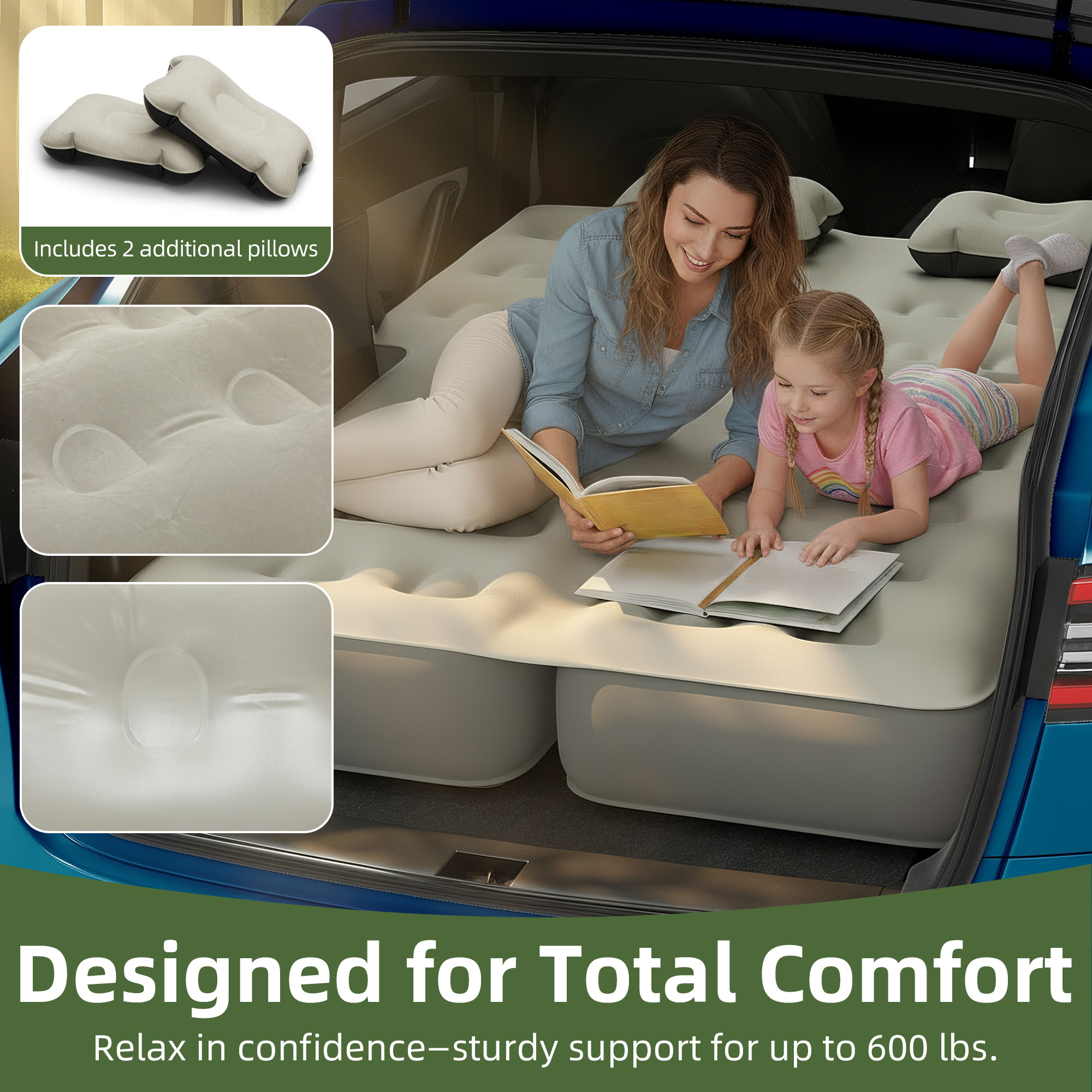 Uforic Inflatable Car Air Mattress with Pump, Portable SUV Air Bed with Pillows for Camping, Home, Travel, Gray
