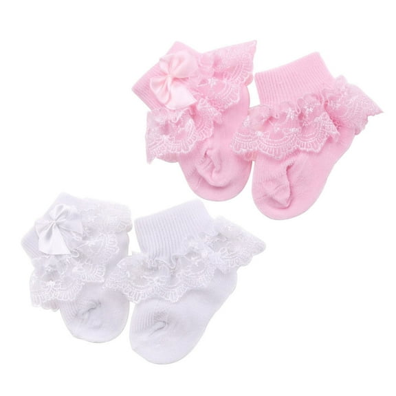MEIBUTYUP 2 Pairs Girls Bow Socks Cotton White Pink Sweat Absorption for Infants