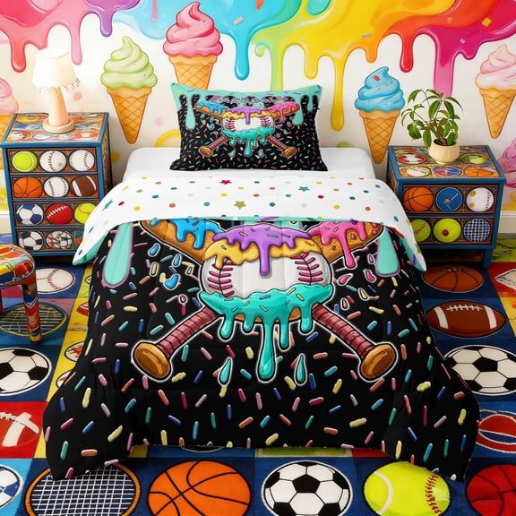 Erosebridal Colorful Drippy Baseball Bat Print Twin Comforter Sets, Sweet Sports Bedding Set for Kids Boys and Girls, Polka Dots Reversible 2pcs, 1 Comforter and 1 Pillowcase