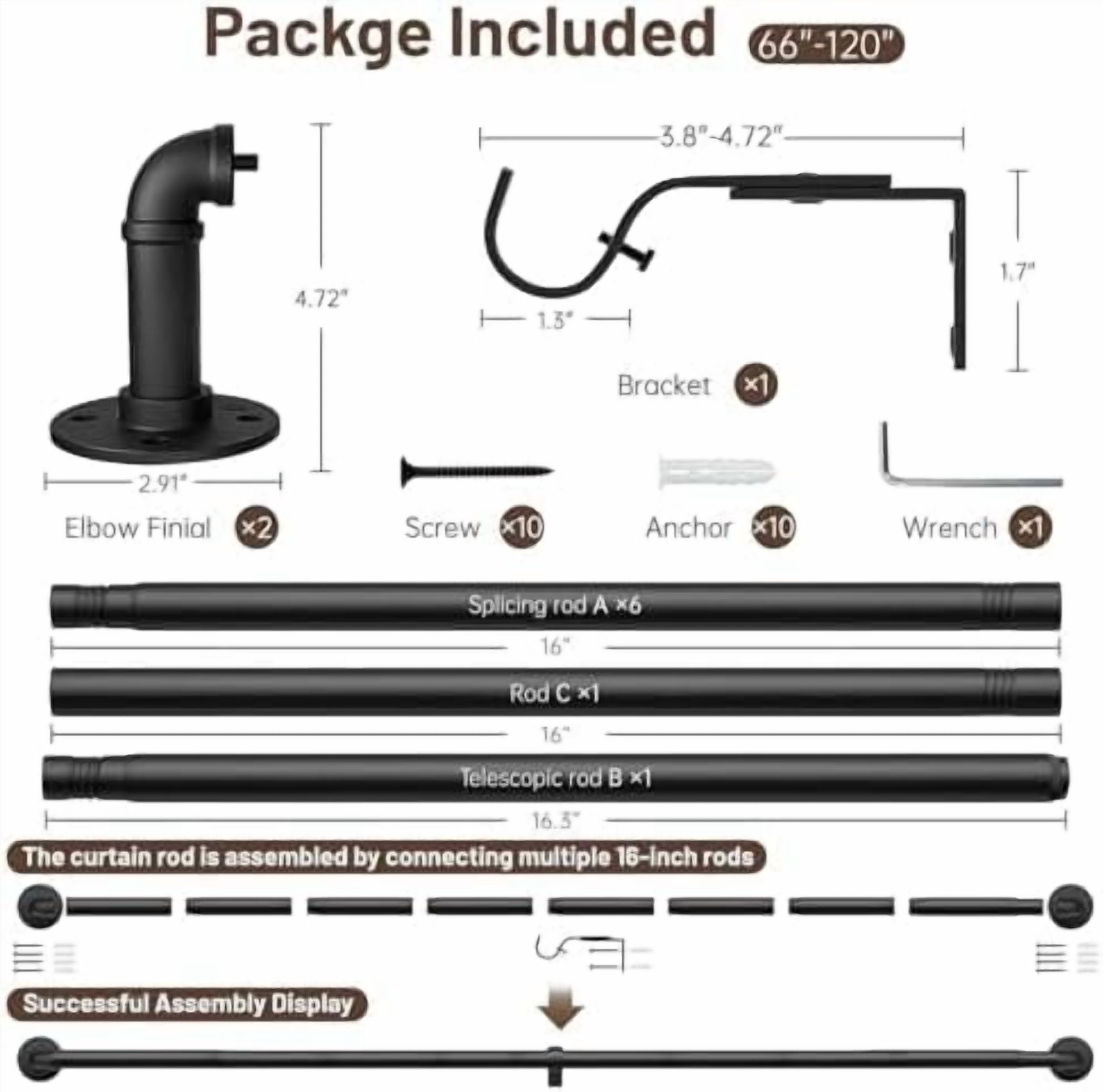 Curtain Rods for Windows 66 to 120, 1 Inch Industrial Wrap Around Black Curtain Rod, Indoor/Outdoor Room Divider Adjustable Drapery Pole, 66"-120"