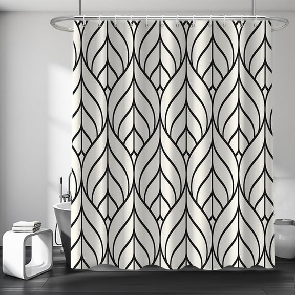 Black and Beige Shower Curtain, Modern Aesthetic Black Striped Shower Curtain Set for Bathroom Waterproof Polyester Shower Curtain with Hooks, 72x84 Inch