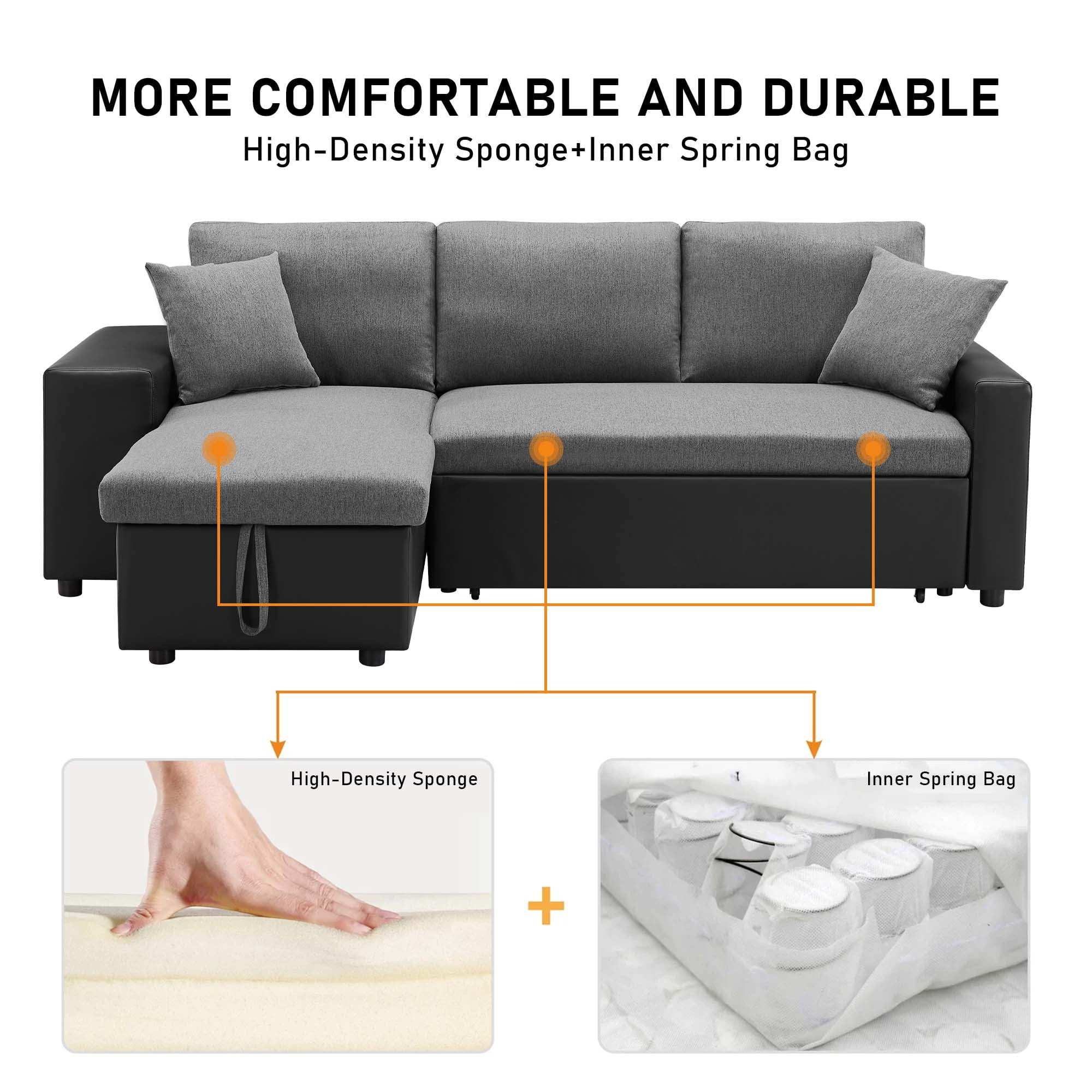 Aukfa 92.5" Reversible L-Shaped Sectional Sofa with Pull Out Sleeper Couch Bed, Storage Chaise and 2 Ottoman for Large Living Room - Dark Gray