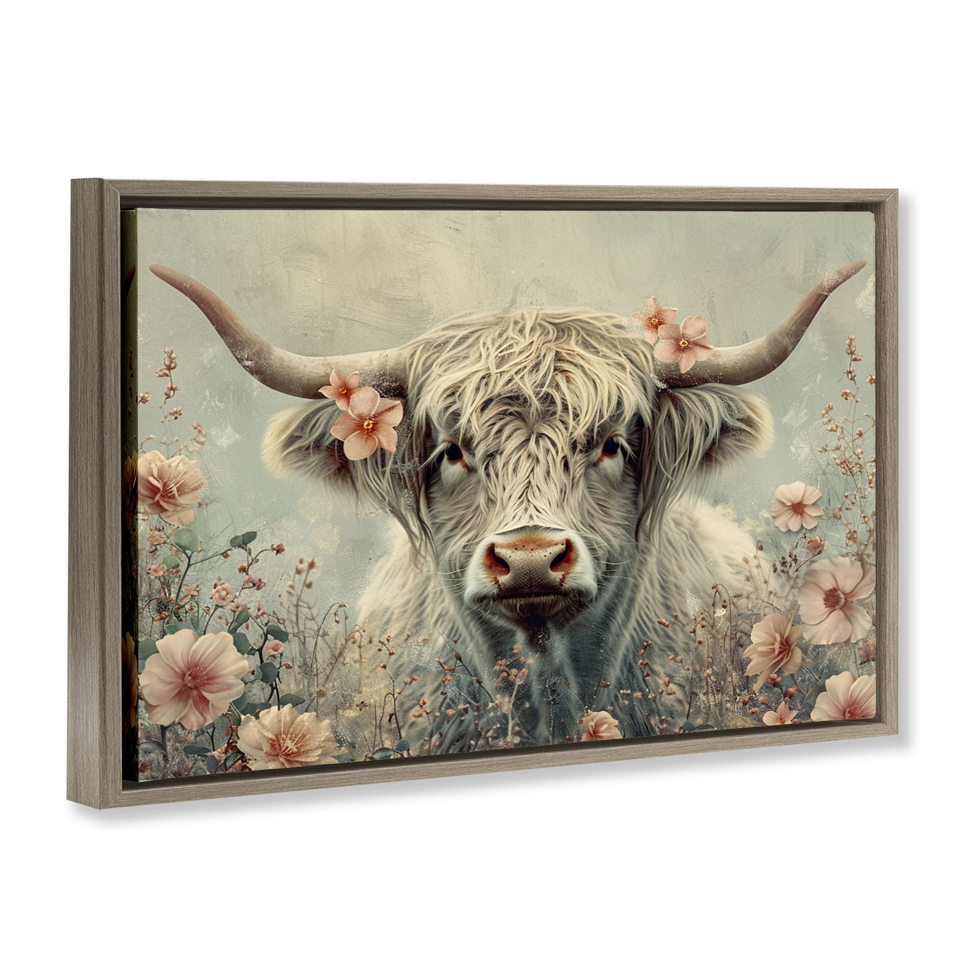 Stupell Industries Cow with Cherry Blossoms Animals Painting Brown Floater Framed Canvas Art Print Wall Art, 31 x 21