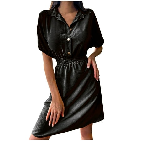 

Bigersell Club Dresses for Women Fashion Women Summer Casual V-Neck Button Solid Short Sleeve Dress Maternity Dress for Baby Shower Women s Plus Faux-Wrap Dresses Style 20332 Black L
