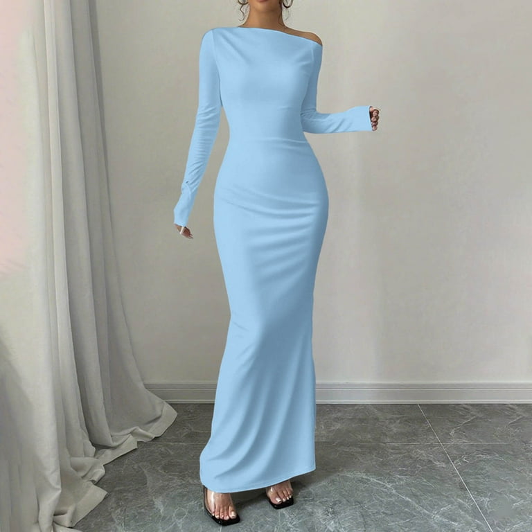 Efsteb Fall Dresses for Women Long Sleeve One Shoulder Trendy Long Tight  Dresses Wedding Guest Cocktail Party Elegant Maxi Dress (Light Blue,XL) -  Walmart.com