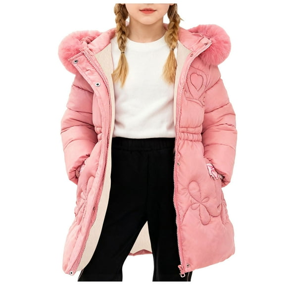 newwalpole Teen Long Heavyweight Puffer Jacket for Girls Thick Padded Puffer Jacket Faux Fuzzy Hooded Winter Coat Boys Warm Parka Outerwear Watermelon Red for Size 9-10 Years