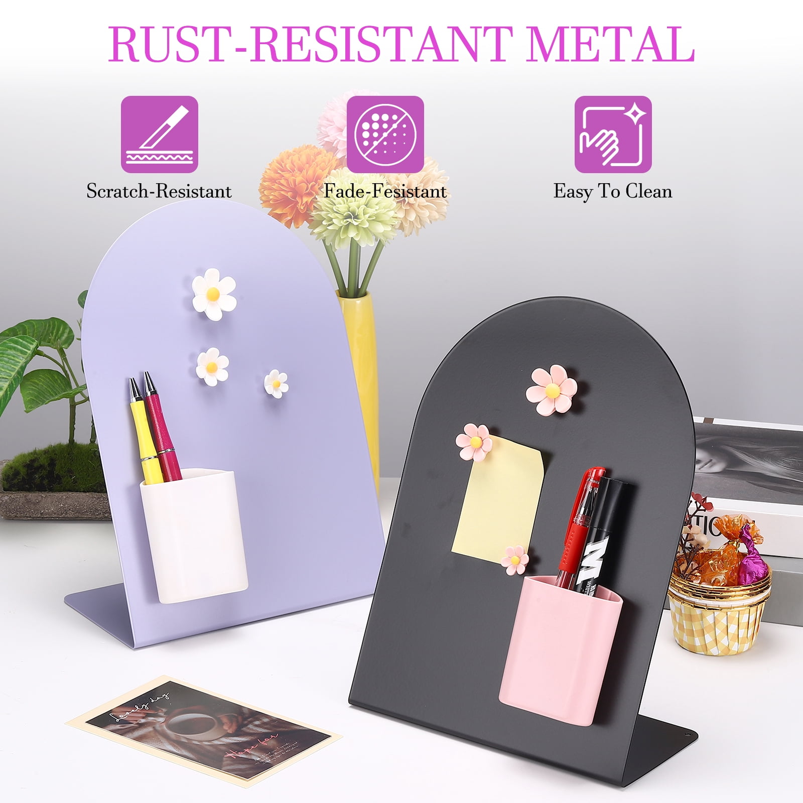 Uxcell Magnetic Bulletin Board, Memo Magnet Display Stand Board with 3 Flower Magnets & Pen Holder for Home Office, Black/Pink/White