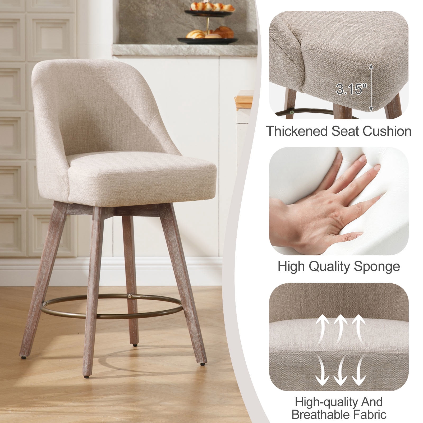 ANMINY Counter Height Bar Stools Upholstered Linen Fabric Swivel Barstools, Set of 4, 26" Seat Height with Back Mid-Century Chairs Island Stools for Home Bar Kitchen Pub