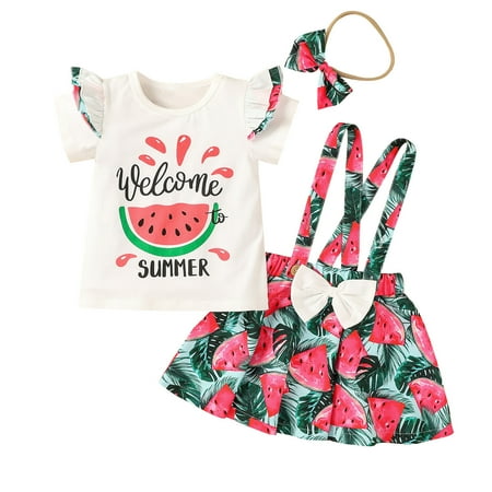 

koaiezne Toddler Girls Ruffles Short Sleeve Watermelon Printed T Shirt Tops Bow Tie Suspenders Skirts Headbands Outfits Newly Born Baby Girl Gift Baby Girl Clothe