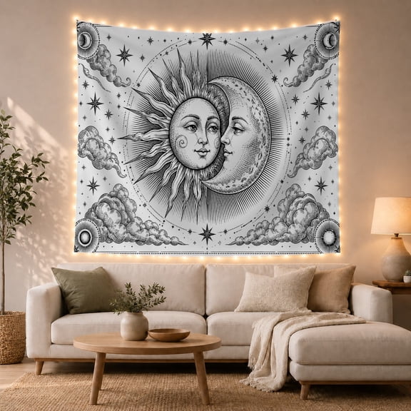 Sun and Moon with Clouds on Off-White Background, Mystical Vintage Illustration for Space Lovers, Celestial Wall Art Decor, Housewarming Gift, Tapestry Wall Hanging for Bedroom and Living Room