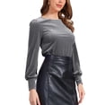 thumbnail image 4 of Blusa de terciopelo inspiradora para mujer, de cuello redondo, manga larga abullonada, casual, talla XL, gris, 4 of 6