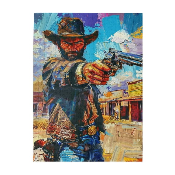 500 PCS 500 Piece Vibrant Jigsaw Puzzle Vintage Cowboy Holding A Gun,Brain Challenge,Enjoy The Puzzle Solving Process,Classic Western Cowboy Wooden Puzzle As Home Decor,Unique Artwork For Adults