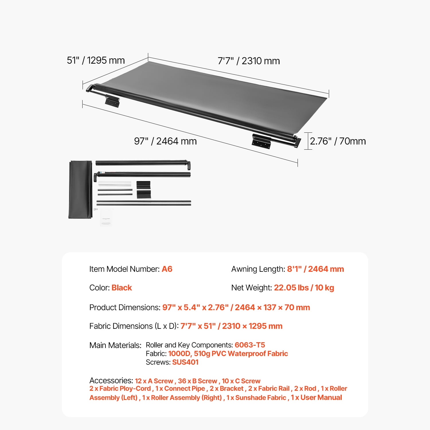 KFFKFF RV Canopy Cloth Substitute, 7" to 7', Resilient Weather-Resistant Slide Cover Awning inclusive of Bracket, Robust Slide Cover Awning crafted from Stainless Steel, Suitable for RV (Black)