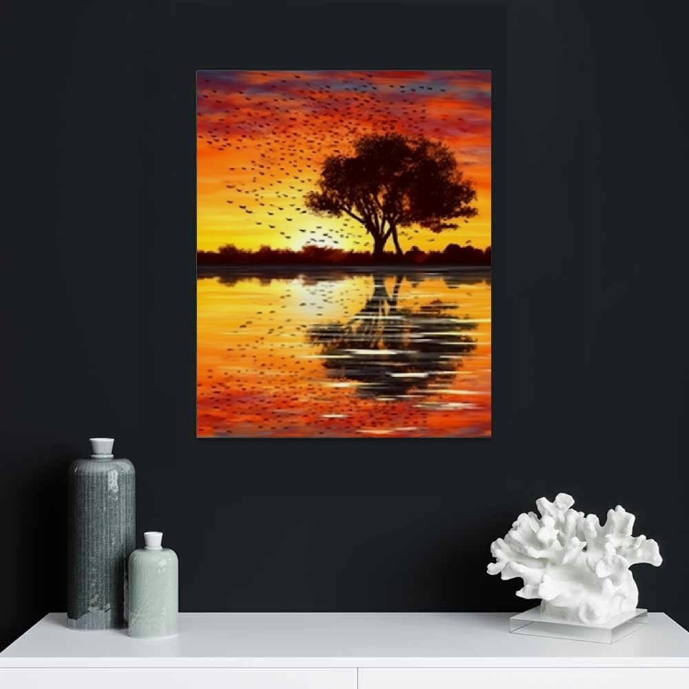 Nawypu  Music Wall Art Abstract Guitar Tree Lake Sunset Canvas Paintings Guitar Wall Art Decor Music Picture Guitar Artwork Printed for Bedroom Living Room Music Lover Decor Framed