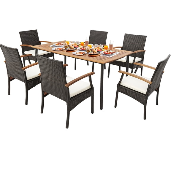 Gymax 7PCS Wicker Dining Set Cushion Acacia Wood Armrests Table W/Umbrella Hole Patio