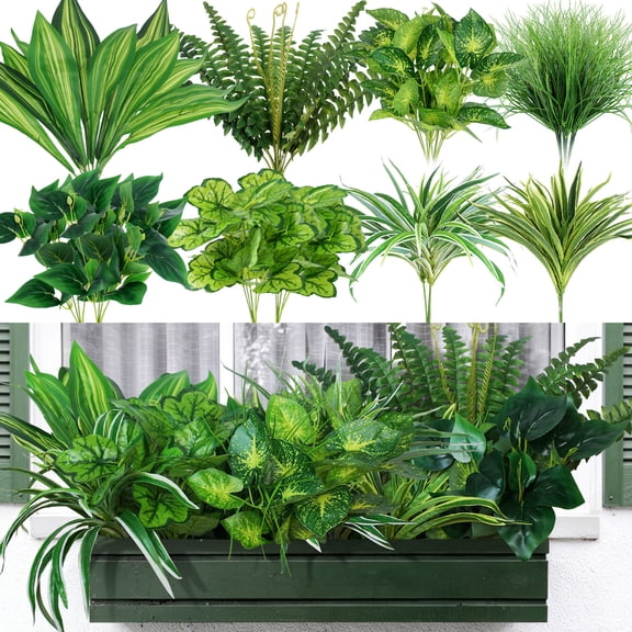 Huryfox Artificial Plants Outdoor 18 Pack, Faux Greenery Shrubs, Fake Tropical Plants for Garden, UV Resistant Plastic Greenery for Porch, Balcony, Patio Decor
