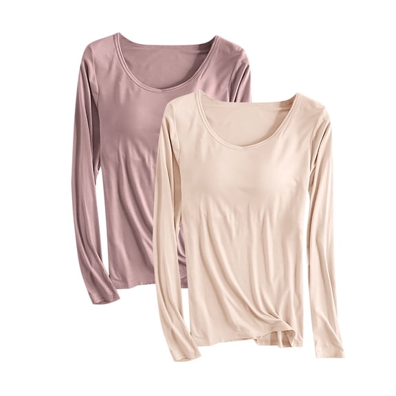 ATOYSOY Women's Crew Neck Sweatshirts Outwear 2 Pack Slim Basic Tops Retro Long Sleeve Tees Fall Winter Fashion Solid Color Padded Pullover Casual Cotton Shirts Beige L