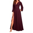 thumbnail image 2 of CIENVNSTG Womens Long Dresses Long Sleeves V Neck Bridesmaid Dresses Wedding Side Slit Flowy Chiffon Evening Formal Dresses Sexy Evening Dress Wine XL, 2 of 5