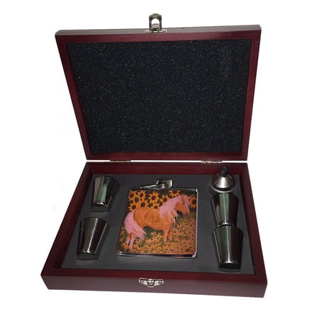 

KuzmarK Pink Leather Flask Set in Rose Wood Gift Box - Palomino Unicorn with Sunflowers Fantasy Horse Art by Denise Every