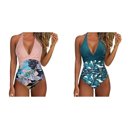 2 Pack(Pink & Green) New Swimsuit with Multi Women s Swimwear Color Print Splicing Backless Boxing Shorts Hanging Neck Strap Women s Sheer Bikini Swimwear She
