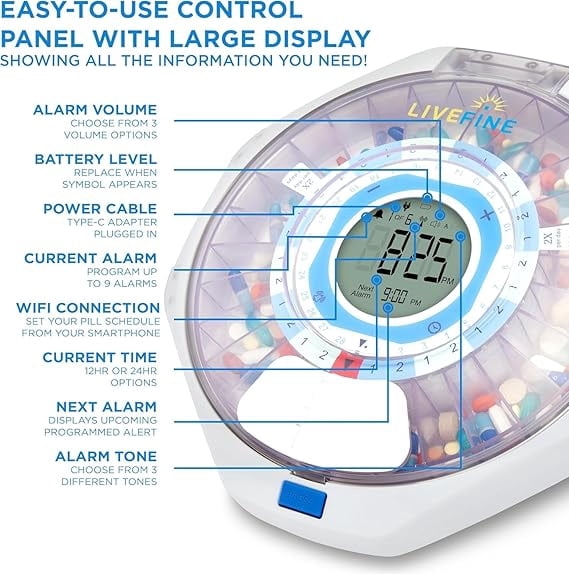 LiveFine WiFi Automatic 28-Day Pill Organizer with Lock & Key, Clear Lid
