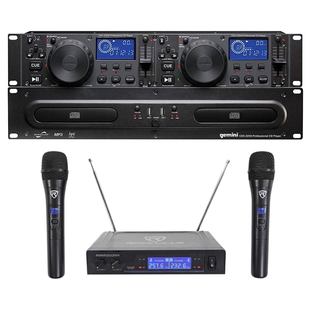 Reproductor multimedia de CD/MP3 Gemini CDX-2250i Pro DJ dual para montaje en rack con paquete USB con sistema de micrófono inalámbrico de mano dual RockVilie RWM1203VH y pantalla digital