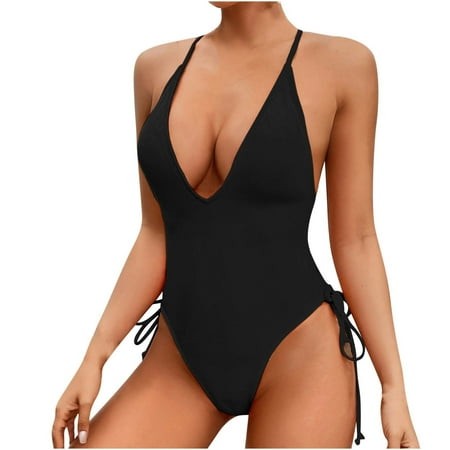 Xfvqtps Womens One Piece Swimsuit High Cut with Drawstring Back Cross Straps Deep V Neck Spaghetti Strap Tummy Control Solid Color Beach Summer Monokini Thong Swimsuit Black