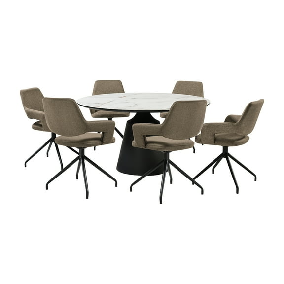 Modern 7 Piece Dining Set - Round Table with 6 Swivel Chairs - Kitchen Dining Room Set