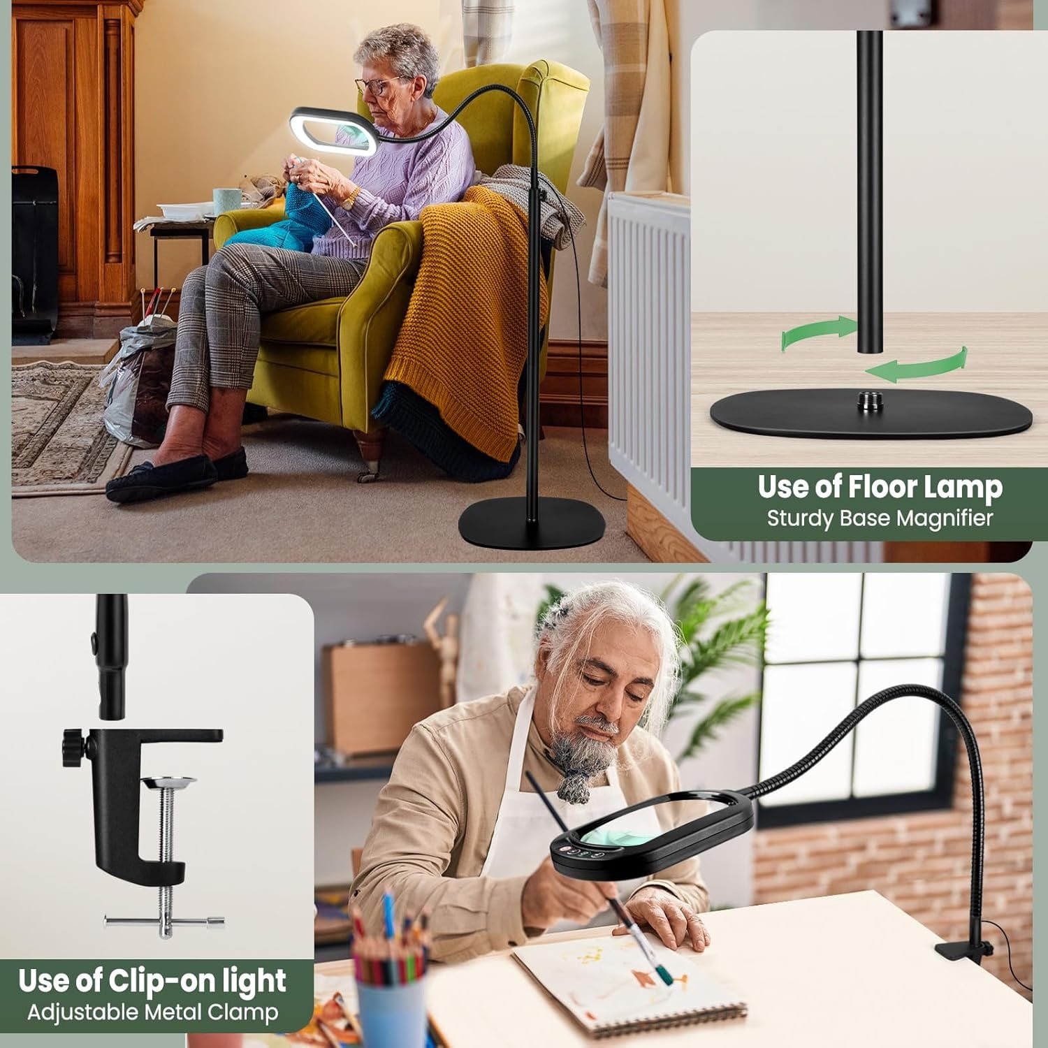 LED Magnifying Lamp with Light & Floor Stand - 24" Flexible Gooseneck, 5 Color Modes, Adjustable Brightness - Hands Free for Reading, Crafts, Painting