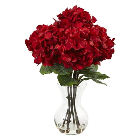 Nearly Natural Red Hydrangea with Vase Silk Flower Arrangement Bring a pop of color to your décor with the Nearly Natural Red Hydrangea with Vase Silk Flower Arrangement. This bold floral arrangement is housed in an elegantly curved vase with acrylic water to support the stems. A few rich green leaves at the base complete the look of this silk flower arrangement.