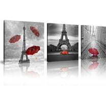 3 Pcs Paris Canvas Prints Black and White Canvas with Red Umbrella Eiffel Tower Decor Red Car Red Wall Art Paintings on Canvas Stretched and Framed Ready to Hang for Home Decor