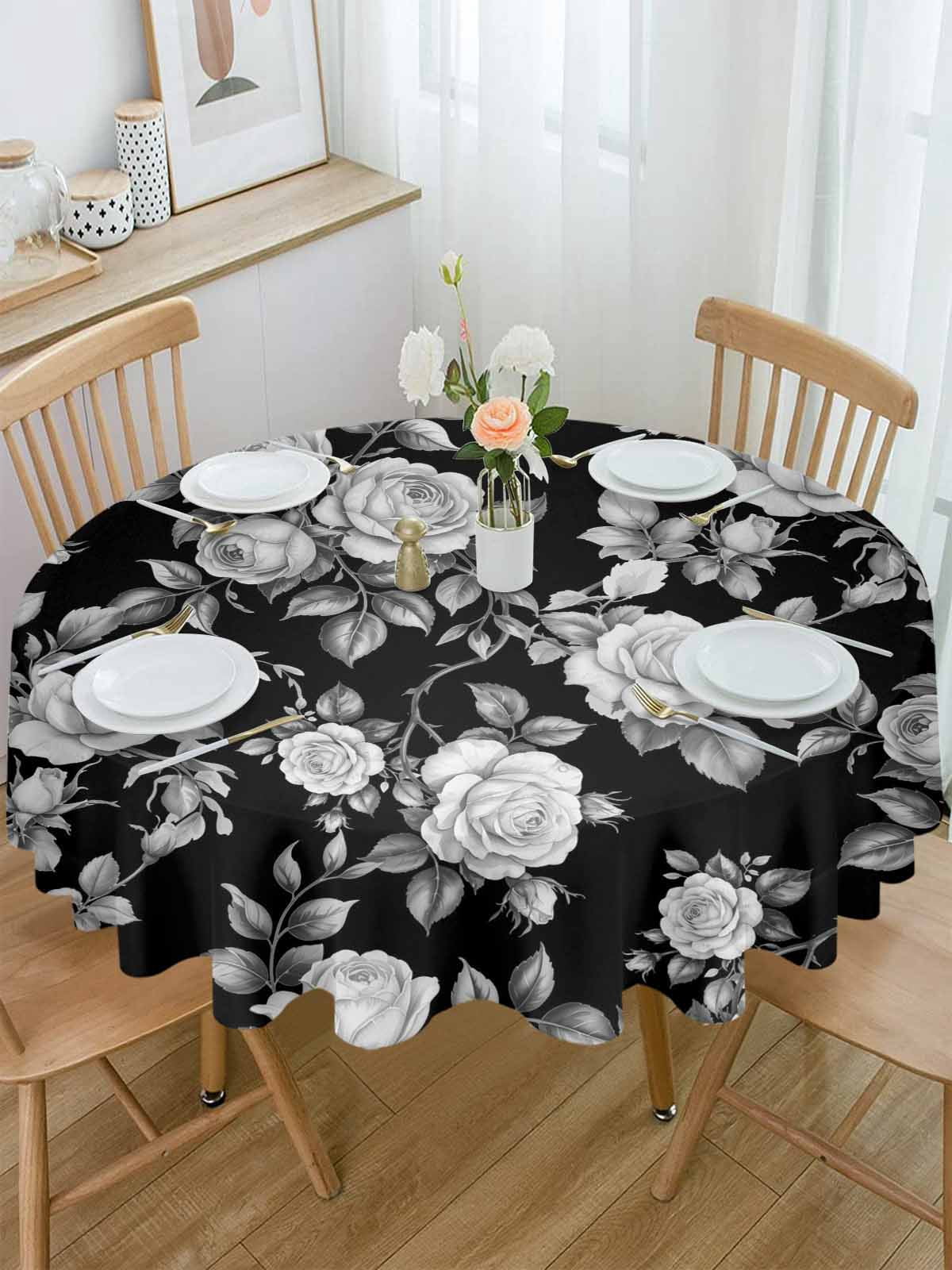 Round Tablecloth Black Floral Rose Waterproof Oil Proof Polyester Table Cloth Cover Decor for Home Dining Outdoor,Patio,Parties, 60" Dia. Vintage Leaf Flower