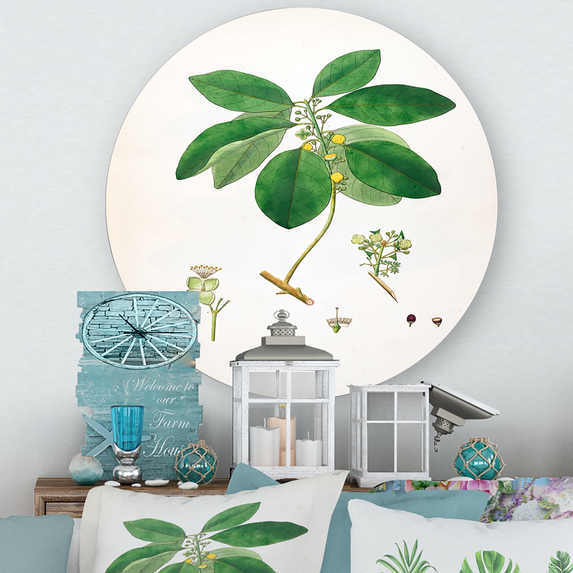 Designart 'Ancient Botanicals V' Farmhouse Circle Metal Wall Art 11x11 - Disc of 11