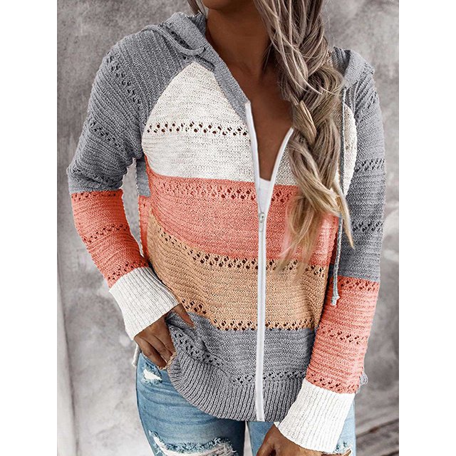 Cardigan à Col Rond, Manches Longues à Capuche (Rose, Marron, Orange)