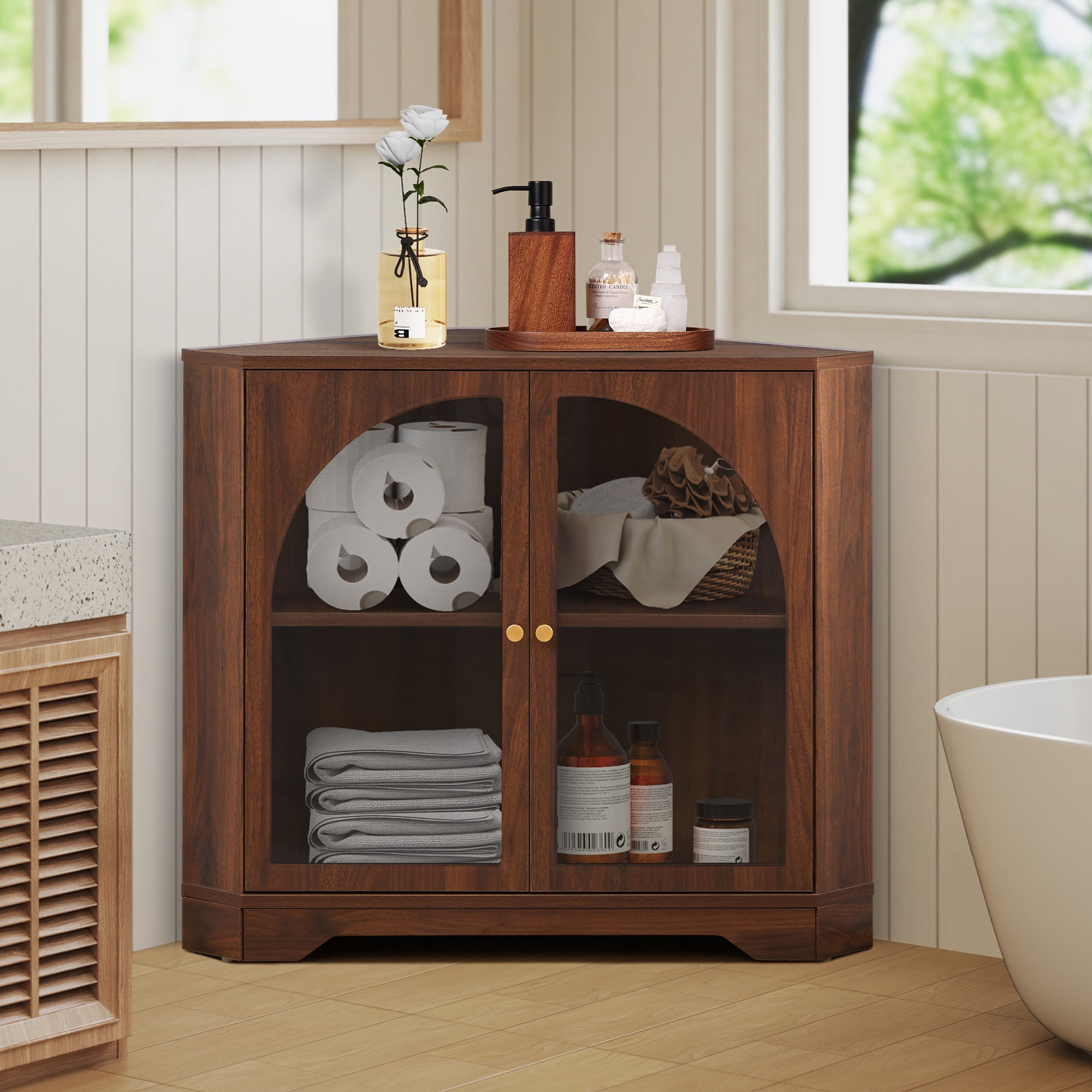 Weselon Mid Century Small Corner Storage Cabinet with 2 Glass Doors, Brown