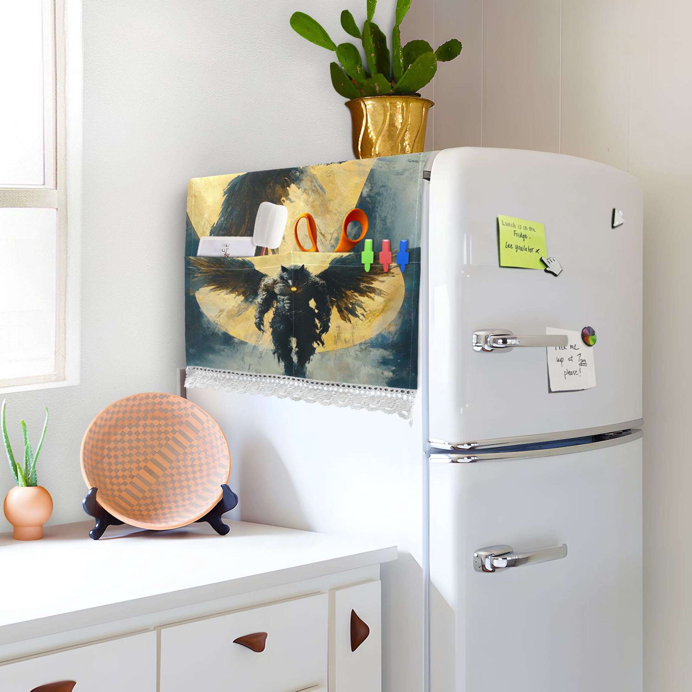Wolf Man As An AngelWasher and Dryer Covers Dust-Proof and Oil Resistant Fridge Cover with 4 Storage Pockets Washing Machine Top Cover for Laundry Kitchen Home 51.2 x 22 In