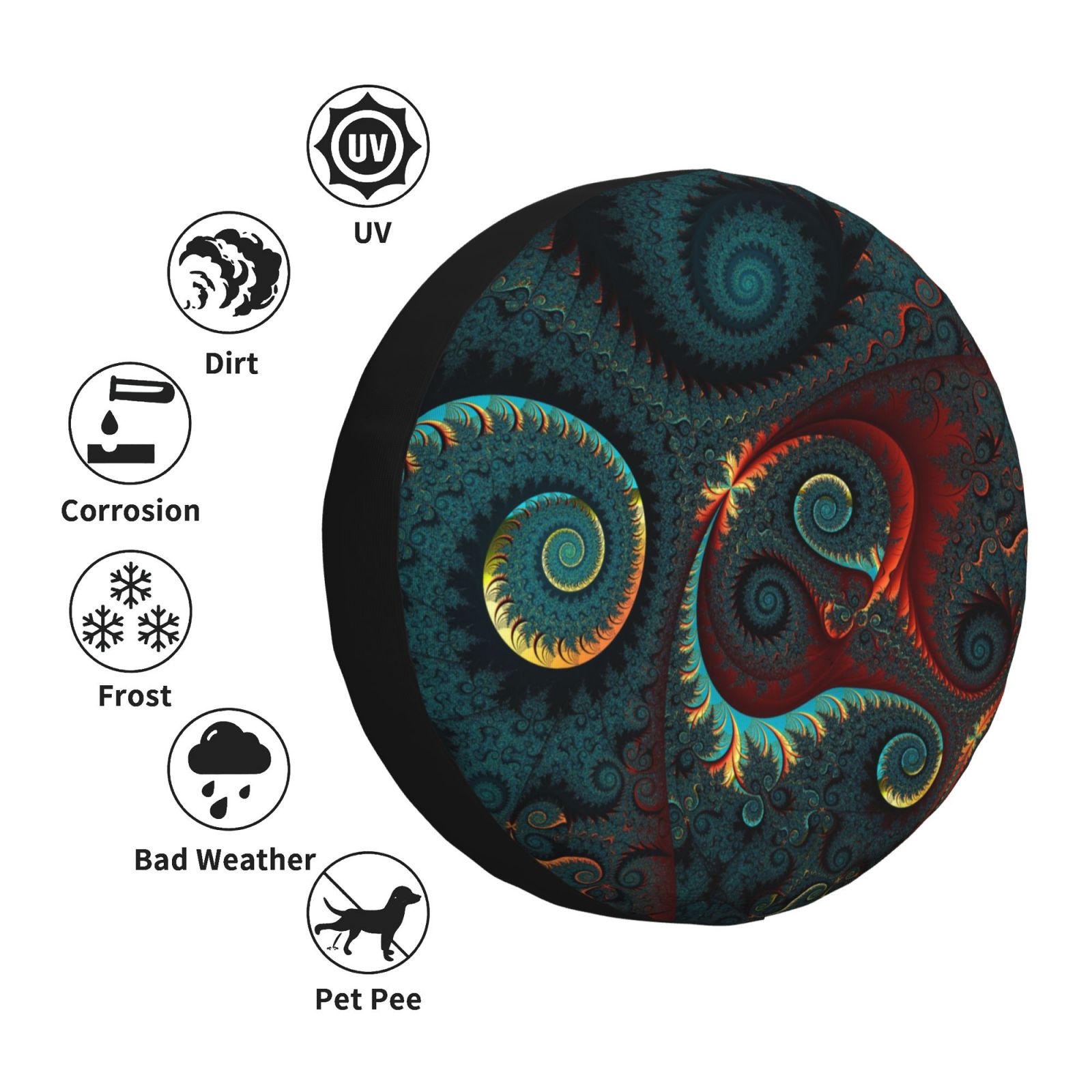 DouZhe Waterproof Spare Tire Cover, Green Mysterious Spiral Fractal Prints  Adjustable Wheel Covers Fit for Jeep Trailer RV SUV Car, 14 inch 
