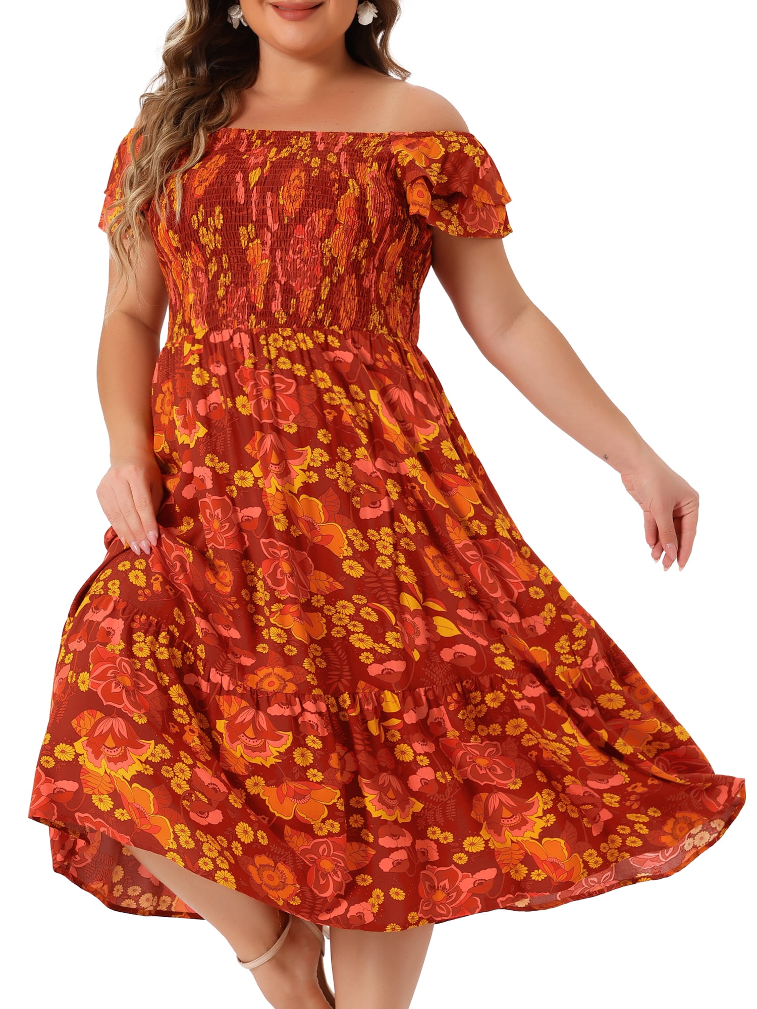 DARING DIVA Plus Size Square Neck and Flutter Sleeves Dress 4X Brick Red