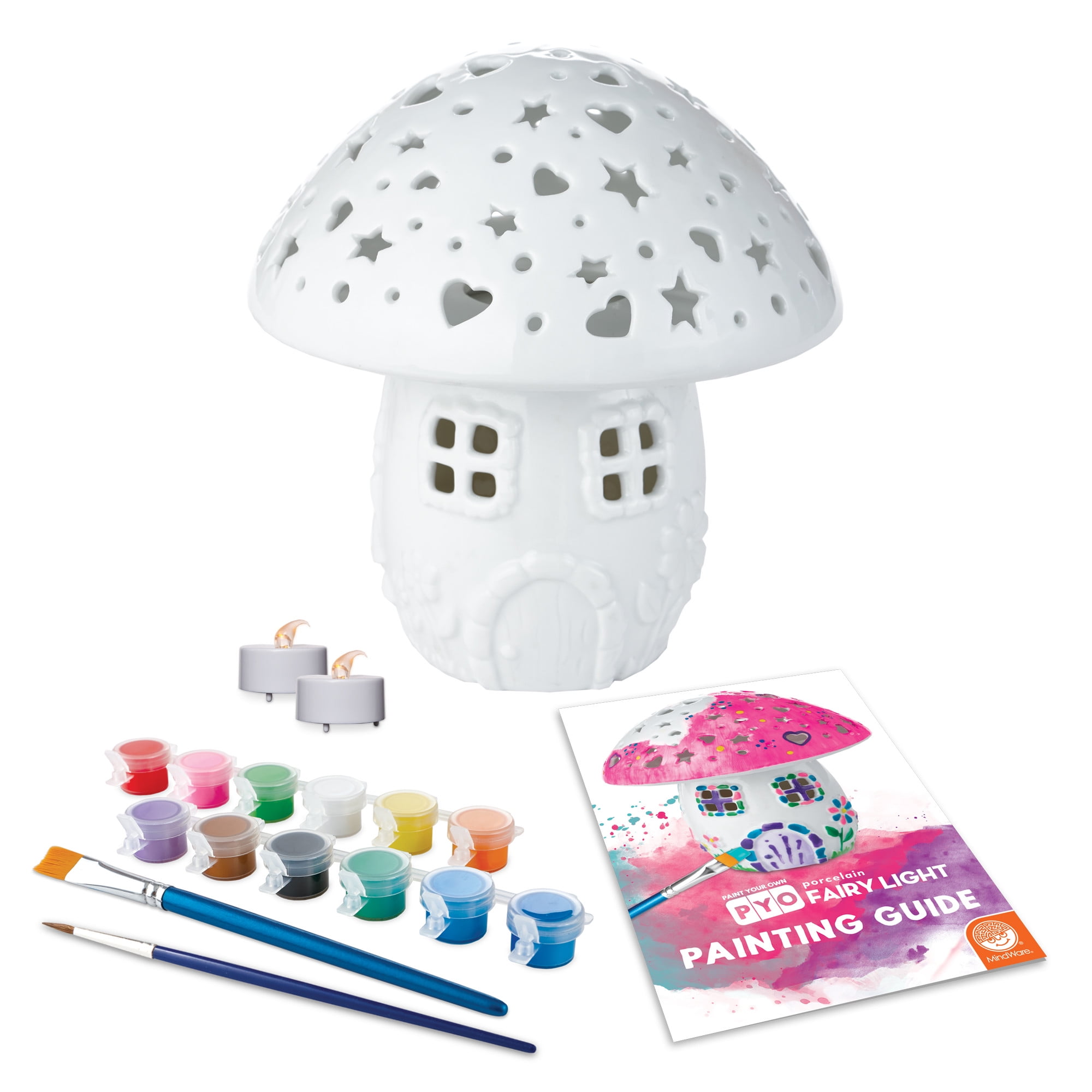 MindWare Paint Your Own Fairy Mushroom House Light, Craft Kit Includes 2 Tea Lights, Paint, Brushes and Instruction Guide