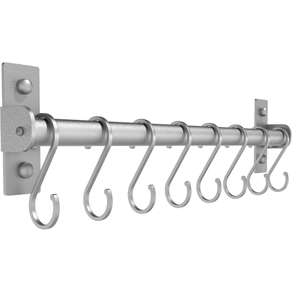 Kitchen Utensil Holder Hanger, Pot and Pan Rack Wall Mounted, Kitchen Rail with 8 Hooks for Hanging Cooking Utensils, Mugs, Spoons, Wall Mounted, Silver