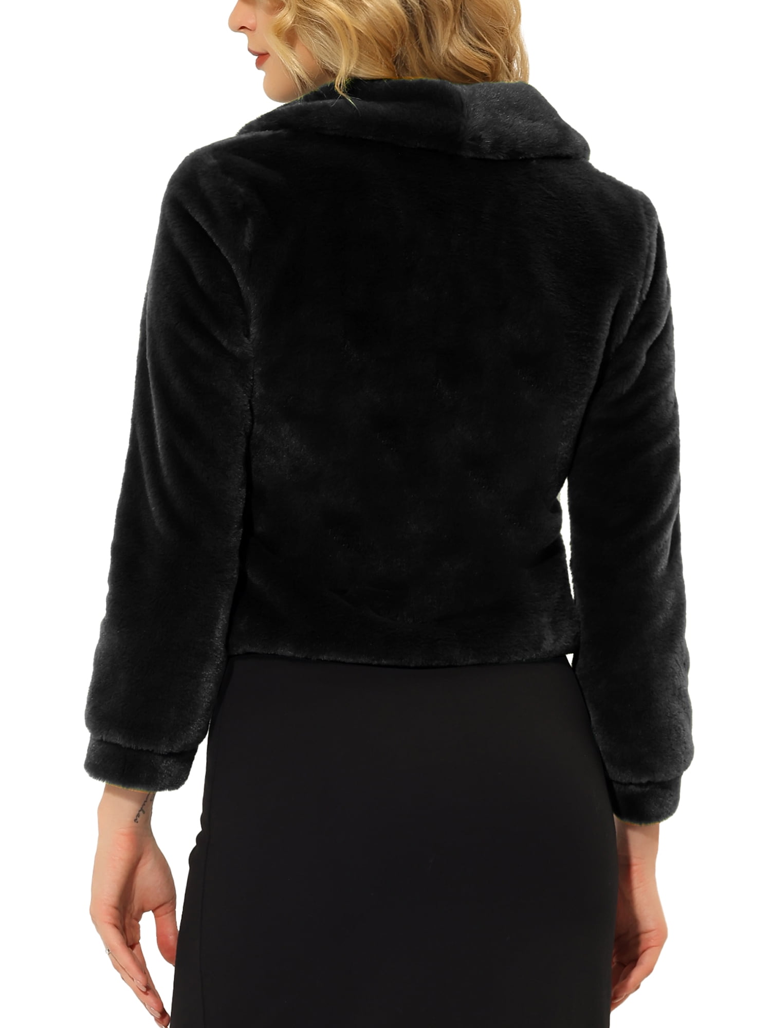 DARING DIVA Women's Notched Lapel Open Front Fleece Cropped Coat S Black
