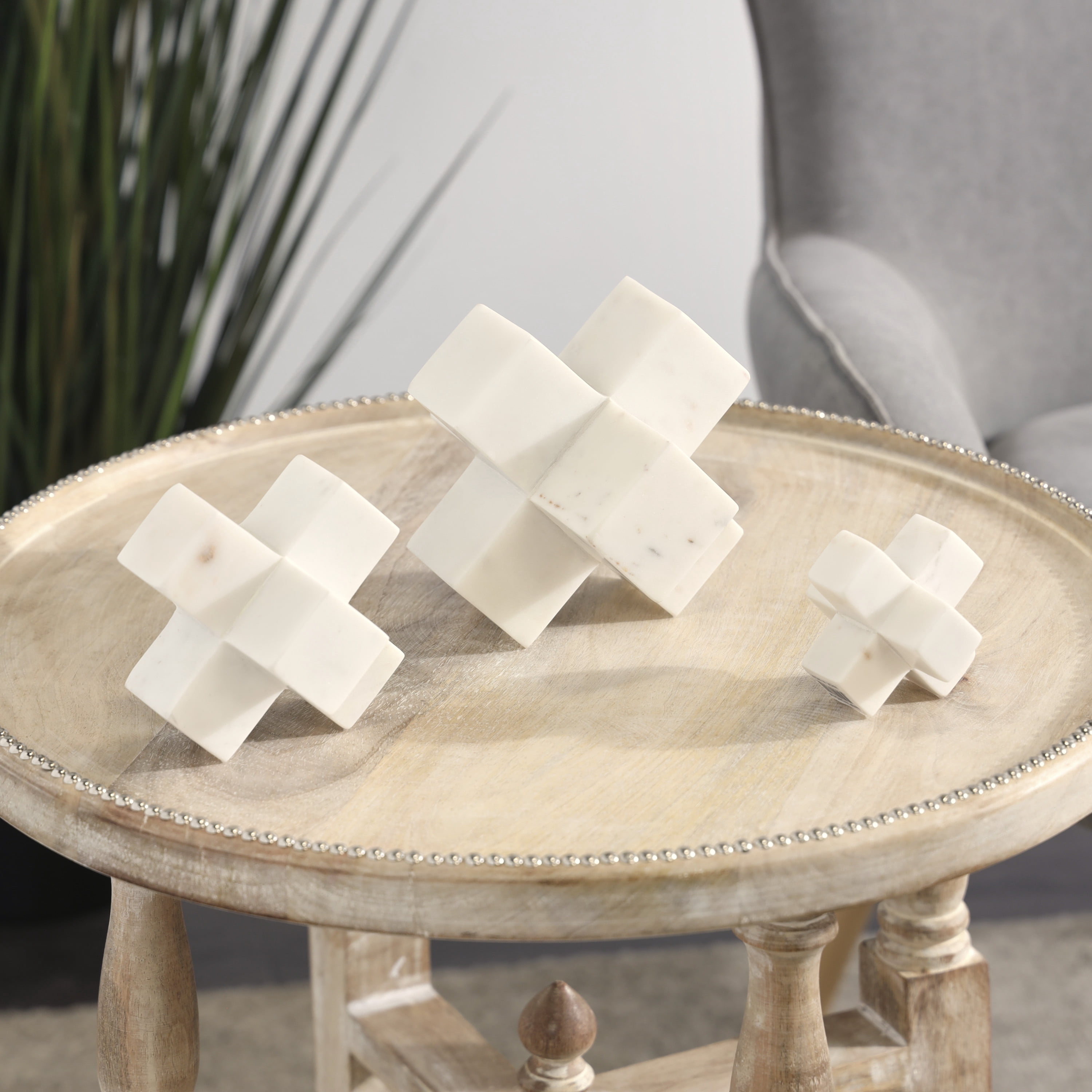 6"W, 5"W, 3"H White Marble Geometric Jack Sculpture, by DecMode (3 Count)