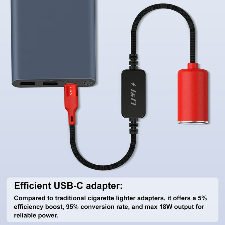 J&D USB-C To 12V Car Cigarette Lighter Converter, 18W Power Cable for Dash  Cam, GPS, Red, 1 ft