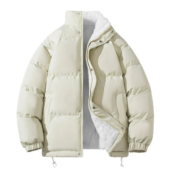 MELDVDIB Mens Quilted Puffer Jacket Zip-Up Thickened Winter Long Sleeve Stand Collar Coat Solid Color Fleece Lined Outwear Tops with Pocket