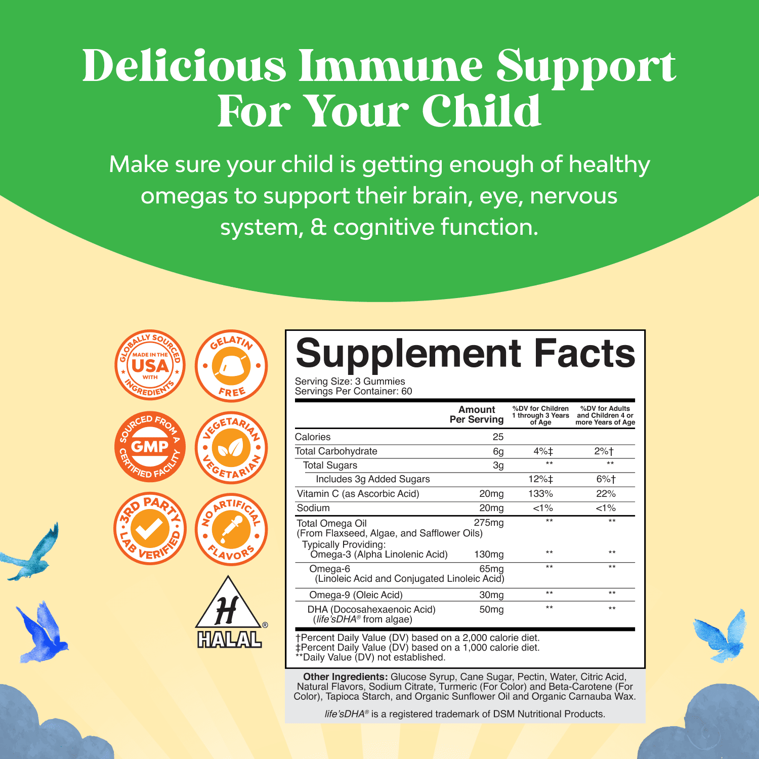 Natures Craft Plant-Based Omega 3 6 9 Gummies for Kids with Vitamin C – Immune Support, 180 Count